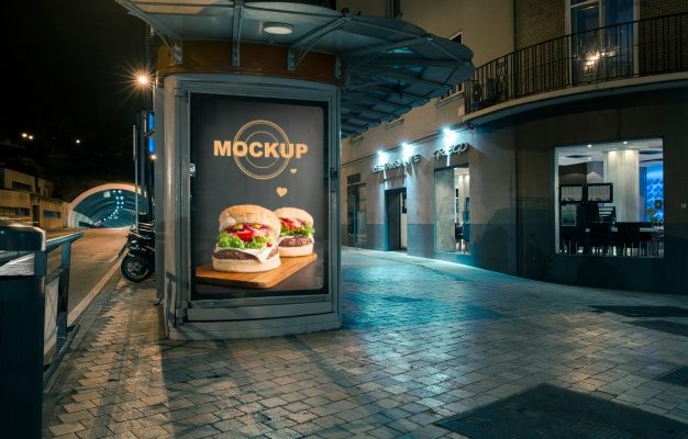 Free PSD night bus station Billboard Mockup