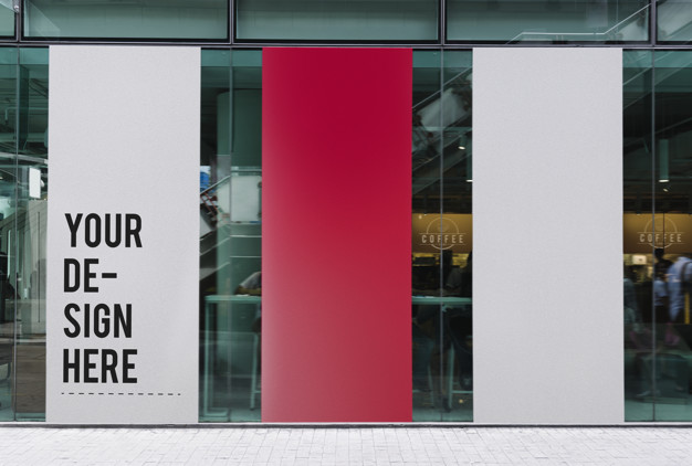 Three large banner mockups in front of a coffee shop Free Psd
