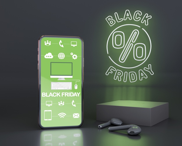 Black friday background with green neon lights Free Psd