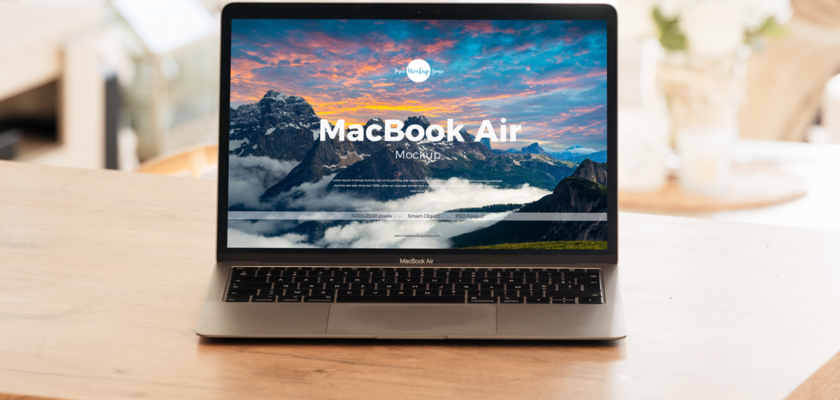 Free PSD Macbook Air on table Mockup