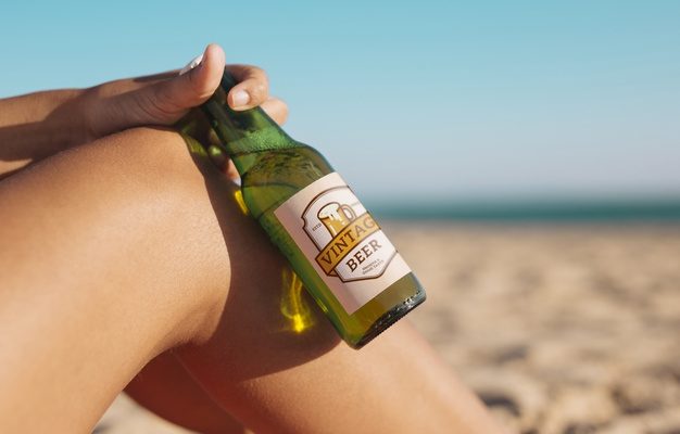 Free PSD woman with beer Mockup